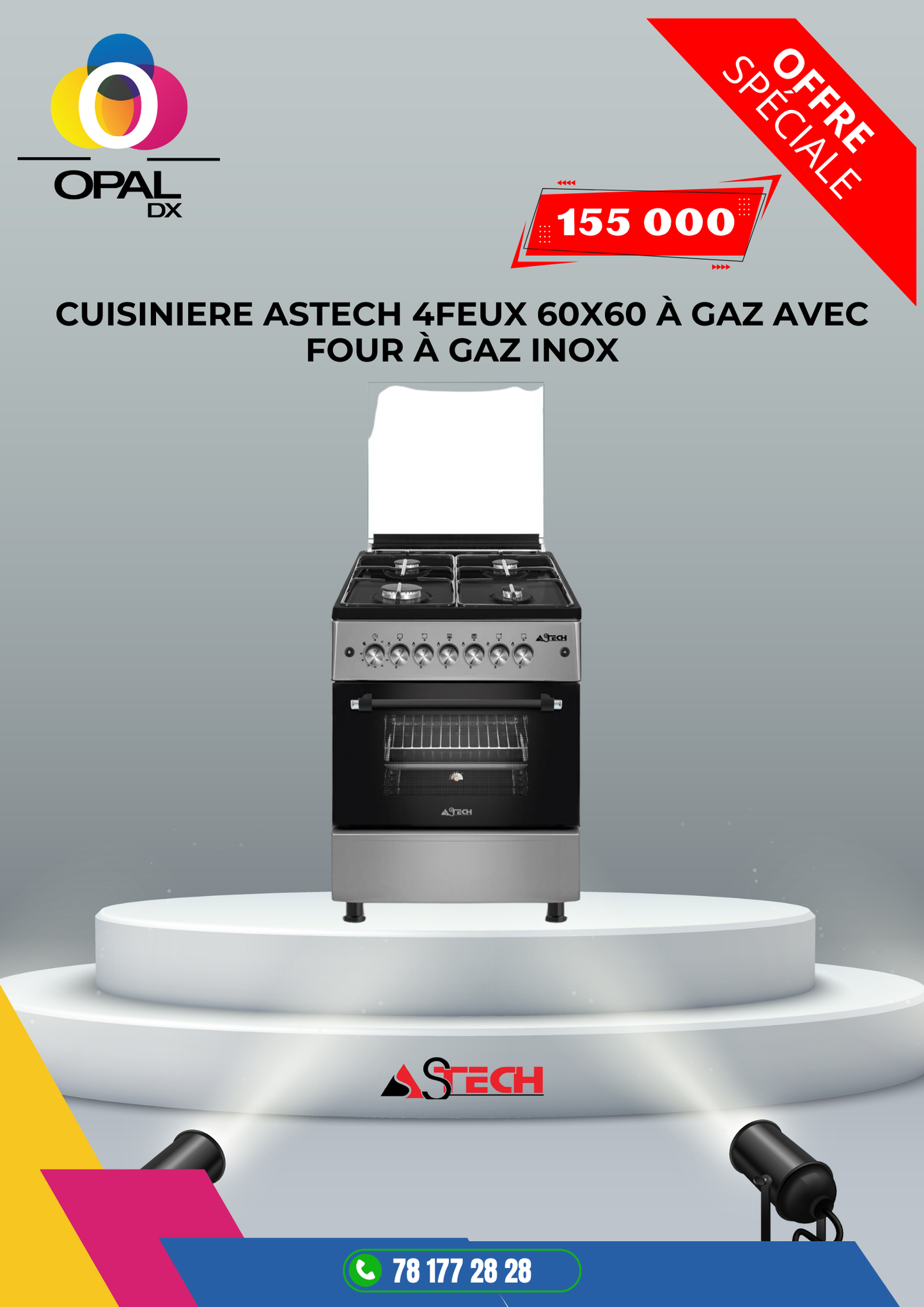 CUISINIÈRE ASTECH 4FEUX 60X60 À GAZ AVEC FOUR À GAZ INOX