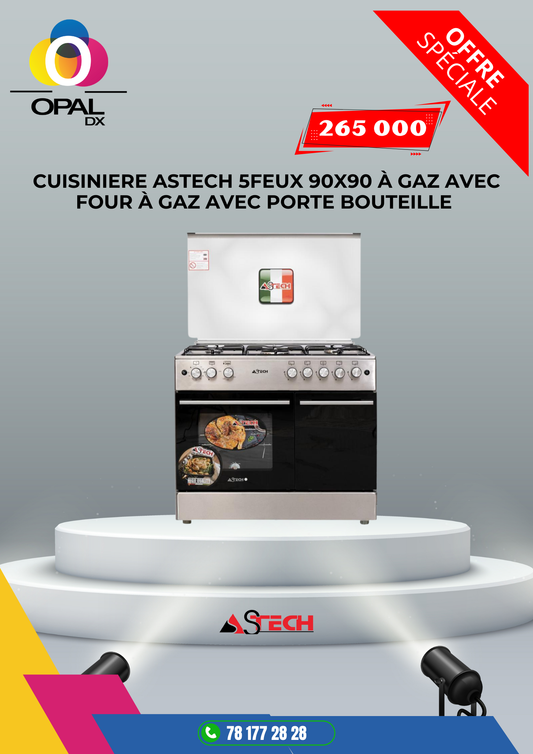 CUISINIÈRE ASTECH 5 FEUX 90X60 À GAZ AVEC FOUR À GAZ AVEC PORTE BOUTEILLE
