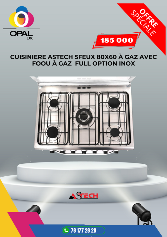 CUISINIÈRE ASTECH 5 FEUX 80X60 À GAZ AVEC FOUR