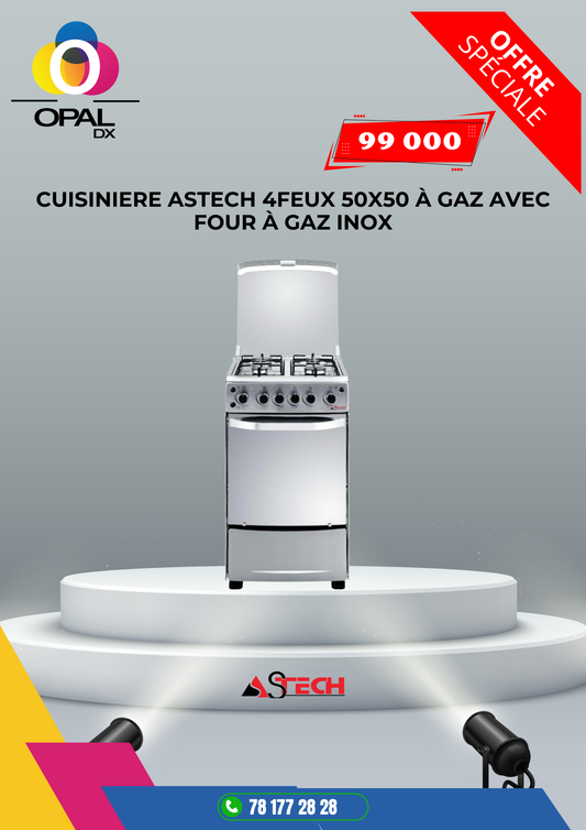 CUISINIÈRE ASTECH 4FEUX 50X50 À GAZ AVEC FOUR À GAZ INOX