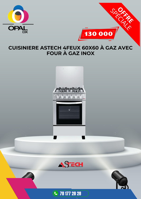 CUISINIÈRE ASTECH 4FEUX 60X60 À GAZ AVEC FOUR À GAZ INOX