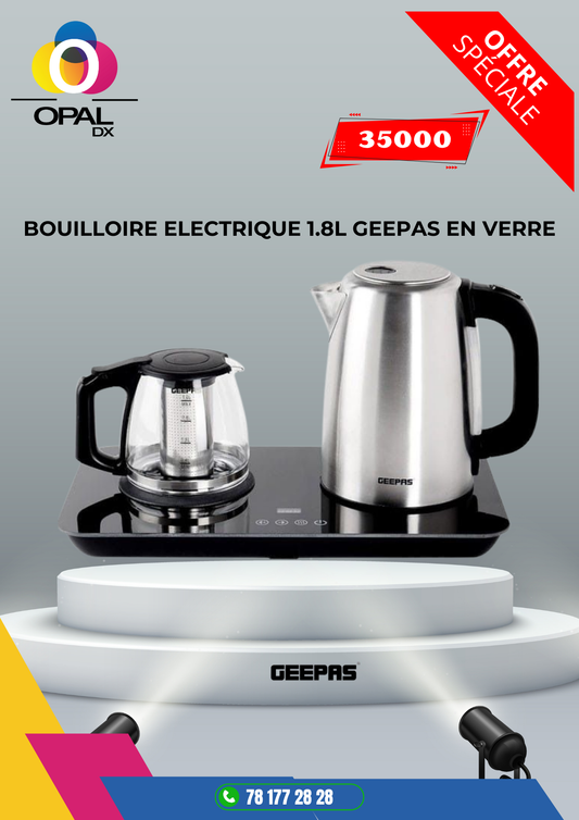 BOUILLOIRE ÉLECTRIQUE EN VERRE 1.7 LITRES GEEPAS INOX + THETHIERE