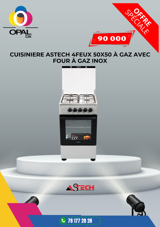 CUISINIÈRE ASTECH 4FEUX 50x50 À GAZ AVEC FOUR À GAX INOX