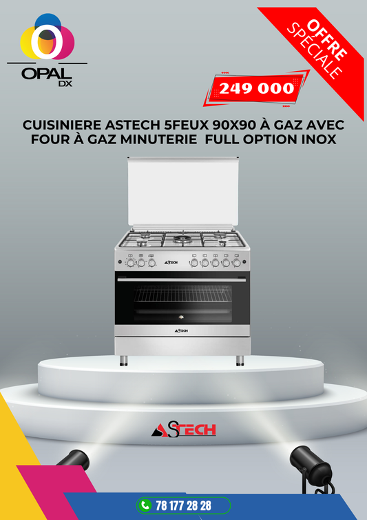 CUISINIERE ASTECH 5 FEUX 90X60 À GAZ AVEC FOUR À GAZ MINUTERIE FULL OPTION