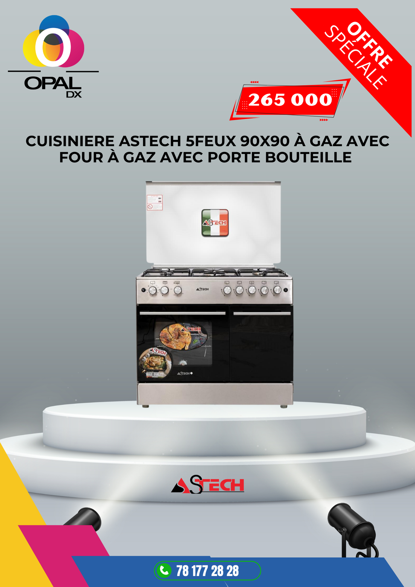 CUISINIÈRE ASTECH 5 FEUX 90X60 À GAZ AVEC FOUR À GAZ AVEC PORTE BOUTEILLE