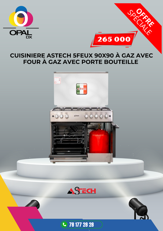 CUISINIÈRE ASTECH 5 FEUX 90X60 À GAZ AVEC FOUR À GAZ AVEC PORTE BOUTEILLE