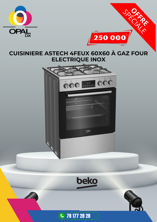 CUISINIÈRE BEKO 4 FEUX 60X60 À GAZ FOUR ELECTRIQUE INOX