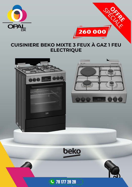 CUISINIÈRE BEKO MIXTE 3 FEUX À GAZ 1 FEU