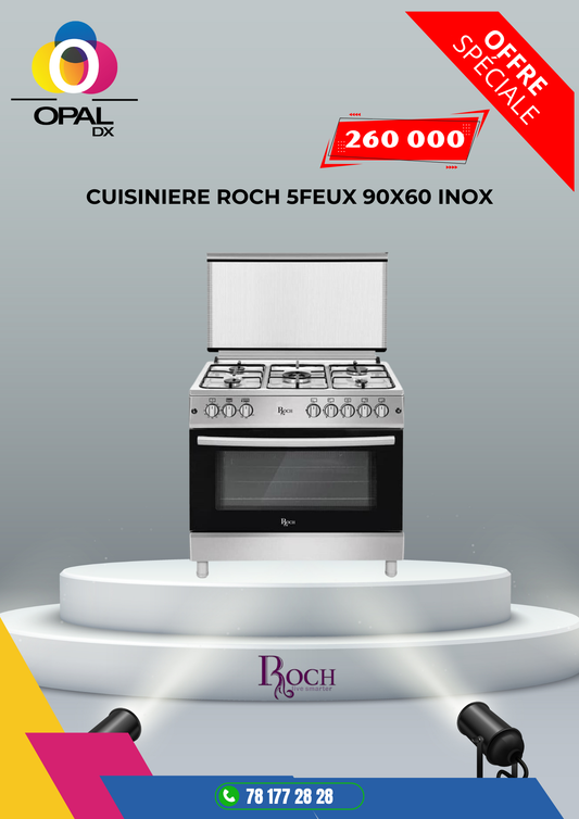 CUISINIÈRE ROCH 5 FEUX 90X60 INOX