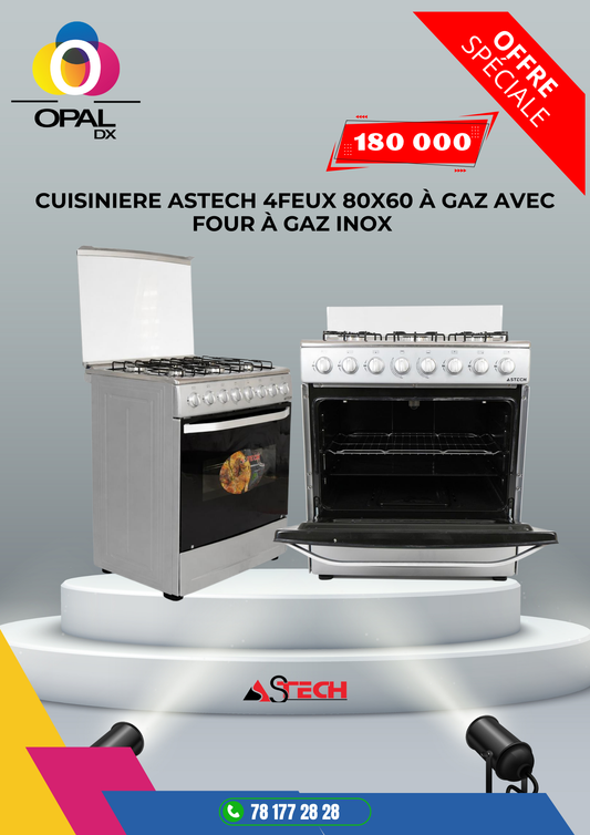 CUISINIÈRE ASTECH 6 FEUX 80X60 À GAZ AVEC FOUR À GAZ INOX