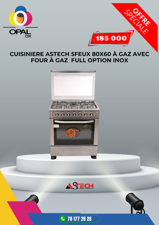 CUISINIÈRE ASTECH 5 FEUX 80X60 À GAZ AVEC FOUR